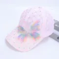 Pink lace baseball cap for women with breathable mesh, cute pearl rhinestone butterfly bow. - One Size / Picture 5