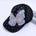 Black lace baseball cap with sparkling rhinestones and a stunning colorful pearl mesh butterfly. - One Size / Picture 7
