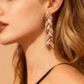 Splendidi orecchini lunghi foglia cristallo oro rosa donna, gioielli eleganti festa. - Oro rosa