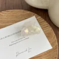 Close-up detail of a glossy iridescent small hair claw clip resting on a delicate card. - Pearl White
