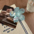French aesthetic transparent flower hair claw clip iridescent blue hair accessory for women - Blue