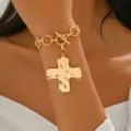 Gold Chunky Chain Bracelet with Hammered Cross Pendant and OT Toggle Clasp Minimalist - Gold Smooth Bracelet