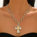 Chunky chain necklace with hammered cross pendant, minimalist OT buckle jewelry set. - White K Contrast Necklace