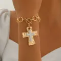 Gold tone cross charm chunky chain bracelet with OT toggle clasp, stylish statement jewelry. - Gold Contrast Bracelet