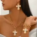 Minimalist cross pendant necklace earrings bracelet alloy jewelry set for women fashion style. - Gold Contrast Three-Piece Set