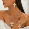 Trendy cross alloy pendant necklace bracelet and earrings jewelry set for women fashion style. - White K Contrast Three-Piece Set