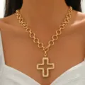 Chunky gold chain necklace with textured hollow cross pendant and OT buckle design for women. - Gold Hollow Necklace
