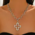 Silver color chunky chain necklace with hollow cross pendant and OT clasp minimalist jewelry. - White K Hollow Necklace