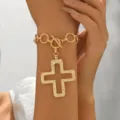 Gold chunky chain bracelet with hollow cross pendant and OT toggle clasp for women fashion - Gold Hollow Bracelet