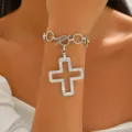Silver Chunky Hollow Cross Bracelet OT Toggle Clasp Minimalist Punk Wrist Jewelry - White K Hollow Bracelet