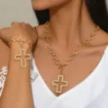 Gold alloy chunky chain necklace bracelet set with hollow cross pendant and OT clasp. - Gold Hollow Bracelet and Necklace