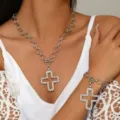 Chic cross pendant necklace and bracelet set, minimalist OT clasp jewelry, cool style. - White K Hollow Bracelet and Necklace