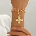 Gold chunky chain bracelet with OT toggle clasp and textured cross pendant for women fashion jewelry. - Gold Swirl Bracelet