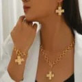 Gold cross jewelry set necklace bracelet earrings OT buckle retro style fashion accessories - Gold Swirl Three-Piece Set