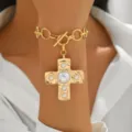 Gold cross pendant necklace with pearl accents, stylish choker jewelry piece for women. - Gold Pearl Inlaid Bracelet