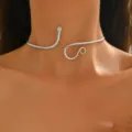 Silver snake choker necklace, minimalist metal open collar jewelry for women fashion style. - Choker Necklace / Silver