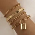Gouden meerlaagse ketting armband set met slot hanger voor dames mode sieraden 4st - 4-delige set / Goud