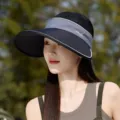 Women wide brim sun visor hat empty top UV protection breathable mesh summer outdoor hat - One Size / Two-Tone Black