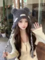 Cute fuzzy knit beanie hat with bear ears and braided straps, warm winter fashion for women. - Gray