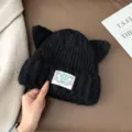 Femme hiver chaud bonnet en tricot oreilles de chat mignon épais doux décontracté mode. - 56-58cm / Noir