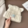 Bonnet tricoté oreilles de chat mignon japonais automne hiver épais chaud bonnet décontracté - 56-58cm / Beige