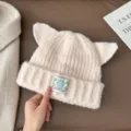 Joli bonnet en tricot oreilles de chat femme, doux chaud hiver pull chapeau, casquette épaisse. - 56-58cm / Beige et Rose