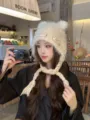 Women fluffy knit hat winter cute bear ear warm braided tassel beanie cap trendy headwear - Khaki