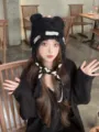 Cute black knit bear ear hat with ribbon detail, soft warm plush winter beanie cap for women. - Black