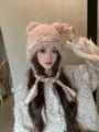 Pink Cute Bear Ear Knitted Beanie Hat Sweet Warm Winter Wool Cap with Braids Variant - Pink