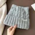 Grey knitted cat ear beanie for women, autumn winter cute wool hat with letter label warm. - One Size / Gray