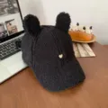 Cute black fluffy rabbit ear baseball cap for women, soft plush winter hat with heart embroidery. - M (56-58cm) / Black