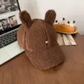 Cute brown plush baseball cap with rabbit ears and sweet heart embroidery for autumn and winter. - M (56-58cm) / Brown