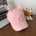 Cute plush bunny ear baseball cap for women, soft winter warm hat with cute heart embroidery. - M (56-58cm) / Pink