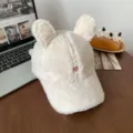 Casquette de baseball en peluche avec oreilles de lapin pour femme, chapeau chaud d'hiver. - M (56-58cm) / Blanc Cassé