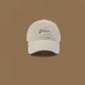 Beige baseball cap for women and men, classic curved brim with red me embroidery design. - Apricot