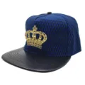 Detailed view of the blue mesh snapback cap with a dazzling rhinestone crown metal badge. - M (56-58cm) / Black and Navy