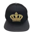 Black hip-hop snapback hat featuring a gold rhinestone crown emblem and PU leather flat brim. - M (56-58cm) / Black