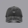 Vintage washed baseball cap with cute white heart embroidery, casual adjustable sun hat. - M (56-58cm) / Black