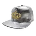 Silver snakeskin PU leather hip hop hat with gold crown metal badge, flat brim snapback cap. - M (56-58cm) / Silver