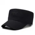 Black cotton flat top cap for men and women, casual vintage cadet military hat with Boston embroidery. - Adjustable / Black
