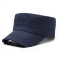 Navy blue flat top cap with Boston embroidery, casual sun protection hat for daily wear. - Adjustable / Navy Blue