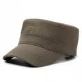 Khaki flat top cap for men and women, stylish embroidered Boston military hat, casual sun hat. - Adjustable / Khaki