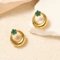 Retro stainless steel geometric clover earrings, elegant European style golden oval hoop jewelry. - Green