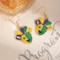 Carnival jester mask drop earrings gold hook purple yellow green enamel jewelry party - Smiling Face Style B
