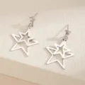 Silver double layer hollow star pendant stud earrings, minimalist chic detail view. - Stud Earrings / Silver