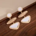 Retro geometric metal drop earrings with white enamel, elegant long fashion jewelry for women. - Gold and White