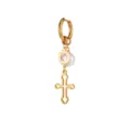 Gold stainless steel hoop dangle earrings with sun charm, pearl, and ornate cross pendant. - Sun Wheel Cross Style (E2085-1) / Gold