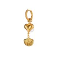 Gold drop hoop earrings featuring a stylish heart, white pearl, and a lovely shell pendant. - Heart Shell Style (E3311-1) / Gold