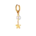 Gold stainless steel hoop earring featuring a pearl arrow and delicate flower pendant chic style - Arrow Through Flower Style (E3525) / Gold