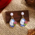 French vintage baroque pearl flower enamel drop earrings detail view elegant design - Blue